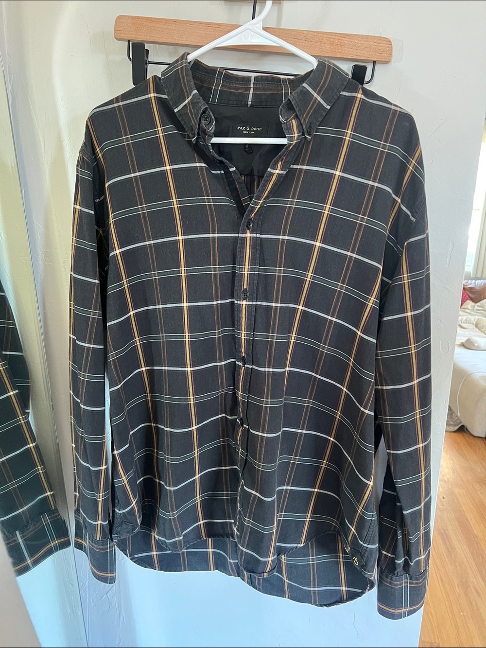 Rag & Bone Black Plaid Button-Up with Mustard & White Stripes